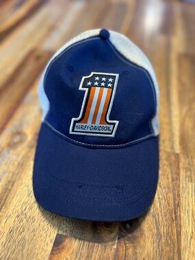 Harley-Davidson Navy Blue White Orange Number 1 Patch Trucker Hat
